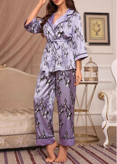 Purple loungewear,Floral loungewear,Plants loungewear,Floral Print Belted Purple Lounge Top and Pants