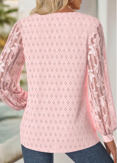 Light Pink tops,Plain Color tops,ROTITA Lace Light Pink Asymmetrical Neck Long Sleeve T Shirt
