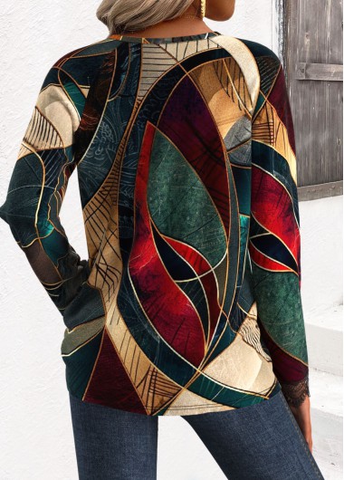 Multi Color tops,Geometric tops,ROTITA Embroidery Geometric Print Multi Color V Neck T Shirt