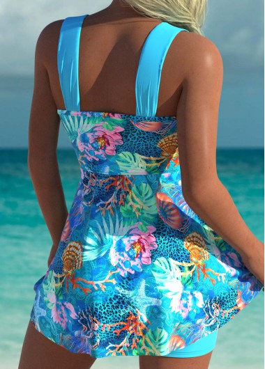 Cyan swimwear,Animal Print swimwear,ROTITA Surplice Cyan Marine Life Print Swimdress and Shorts