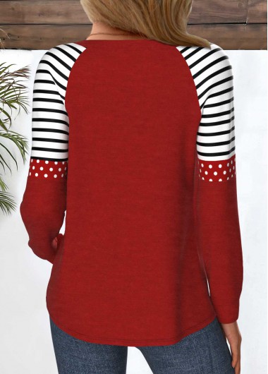 Wine Red tops,Heart tops,ROTITA Patchwork Heart Print Wine Red Round Neck T Shirt