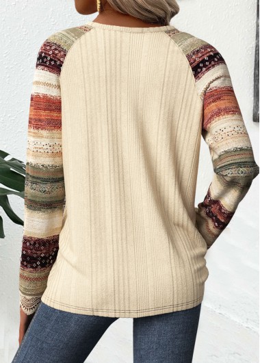 Beige plus size,Striped plus size,Geometric plus size,ROTITA Plus Size Embroidery Beige Striped V Neck T Shirt
