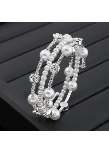 Silvery White jewelry,Silvery White Rhinestone Detail Pearl Bangle