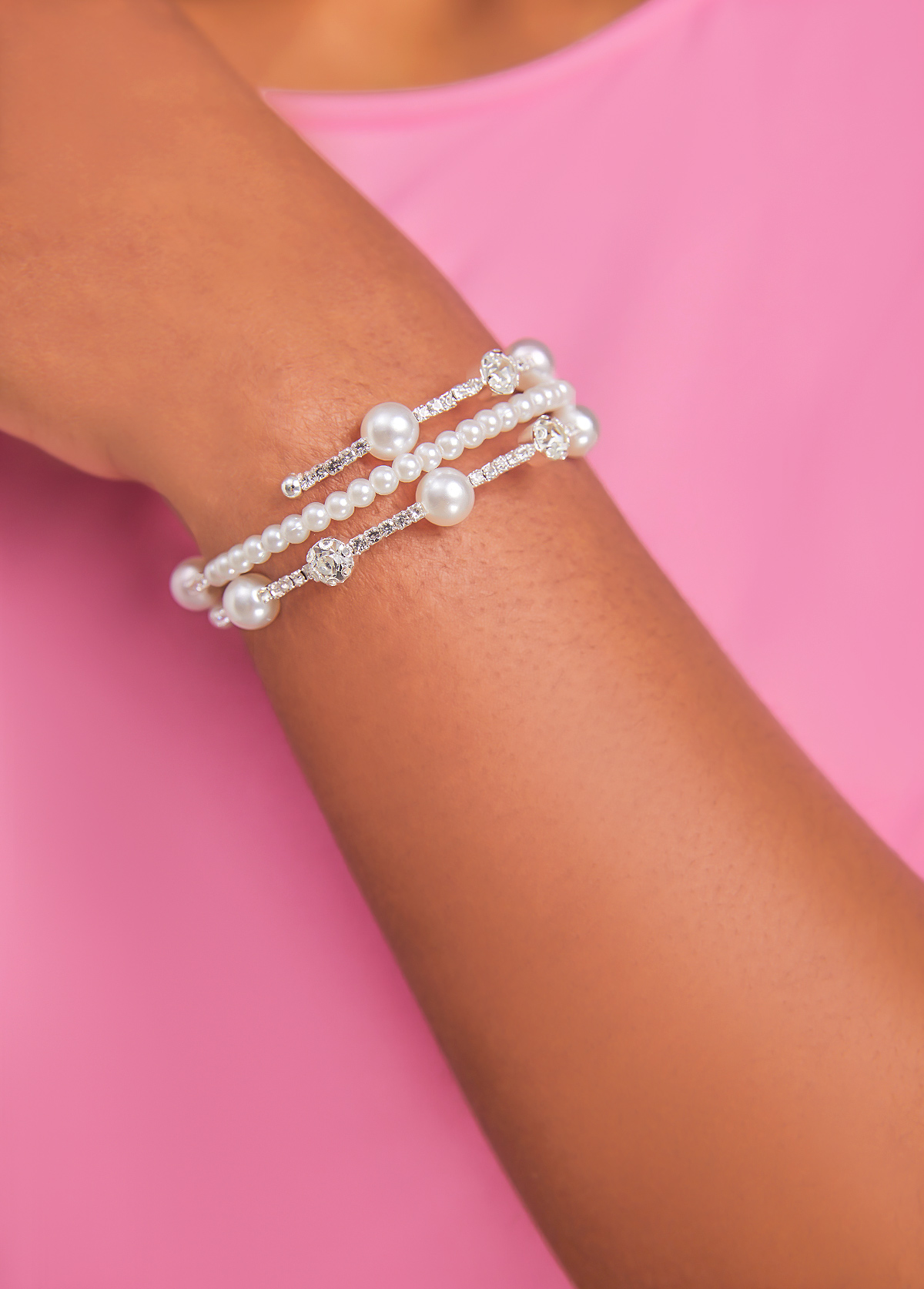 Silvery White jewelry,Silvery White Rhinestone Detail Pearl Bangle