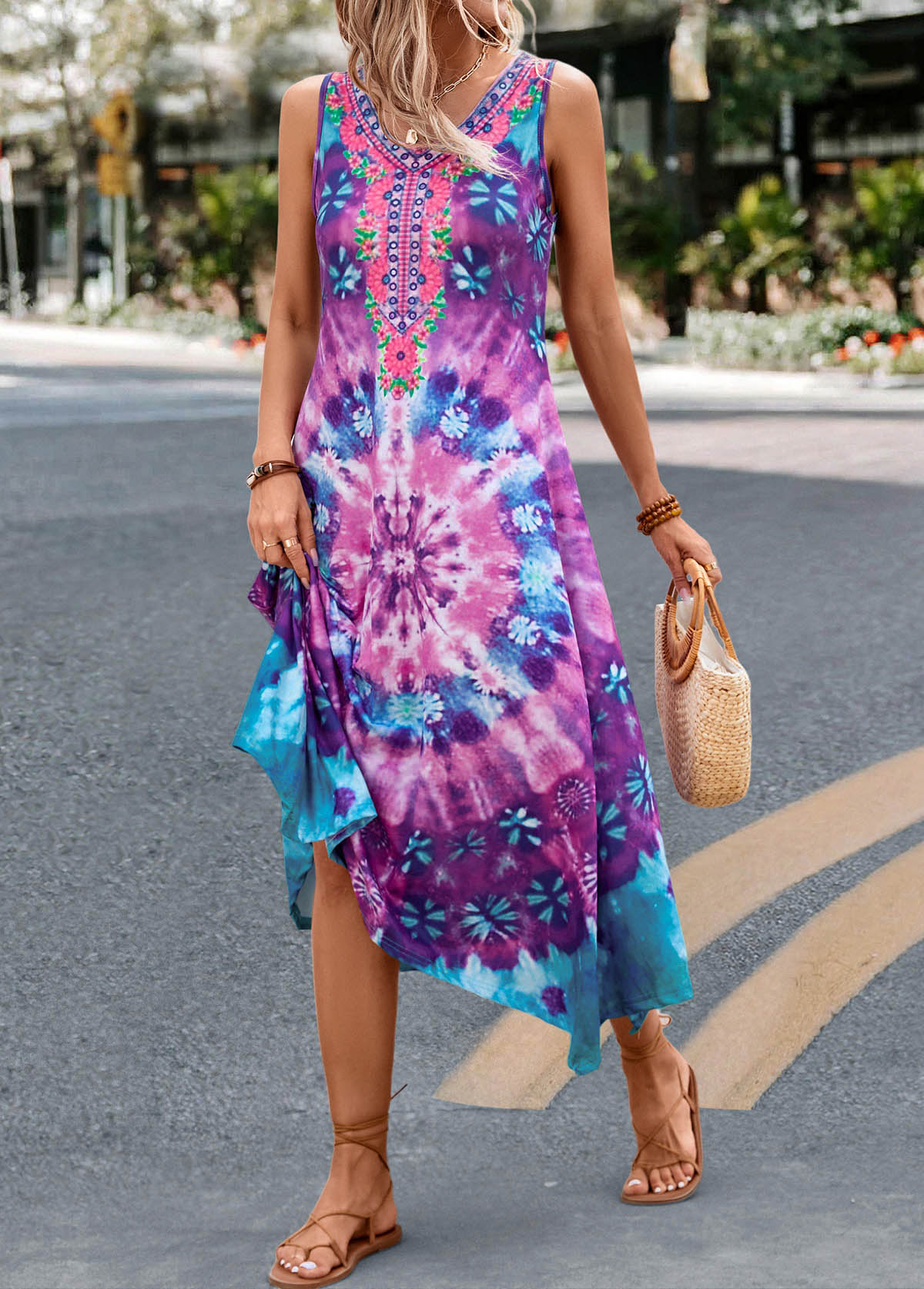 Purple dresses,Tie Dye dresses,Dot dresses,Geometric dresses,Floral dresses,Vacation dresses,Vacation dresses,ROTITA Handkerchief Hem Tie Dye Print Purple Dress