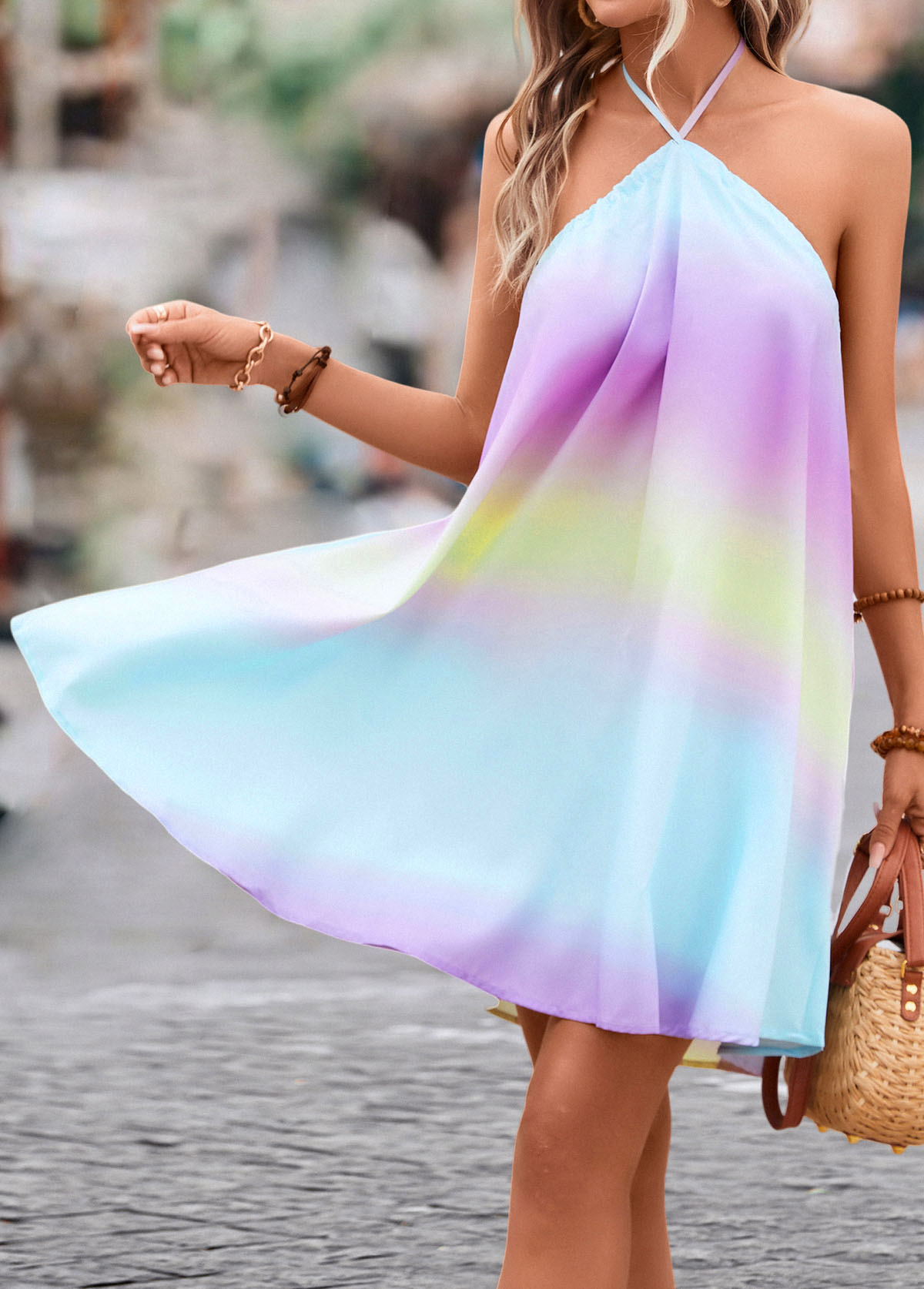 Multi Color dresses,Rainbow Color dresses,Ombre dresses,Vacation dresses,Vacation dresses,Tie Ombre Multi Color Short A Line Dress