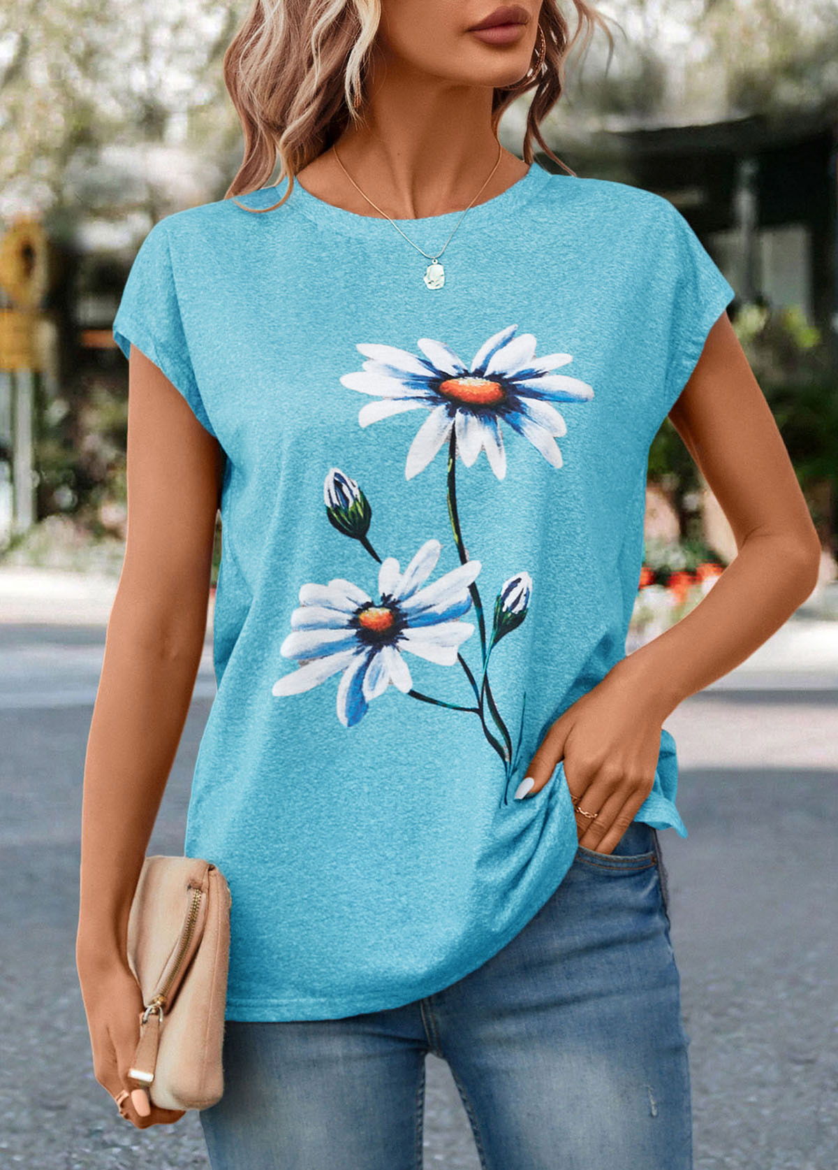 Sky Blue tops,Floral tops,Plants tops,Floral Print Sky Blue Round Neck T Shirt