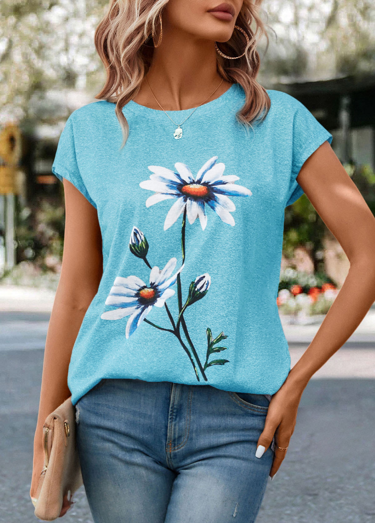 Sky Blue tops,Floral tops,Plants tops,Floral Print Sky Blue Round Neck T Shirt