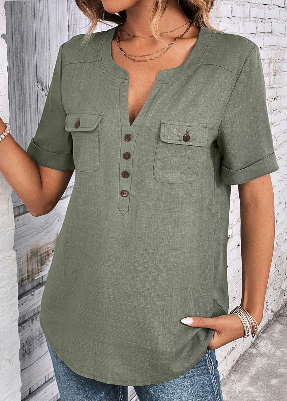 Sage Green tops,Plain Color tops,ROTITA Button Sage Green Split Neck Short Sleeve Blouse