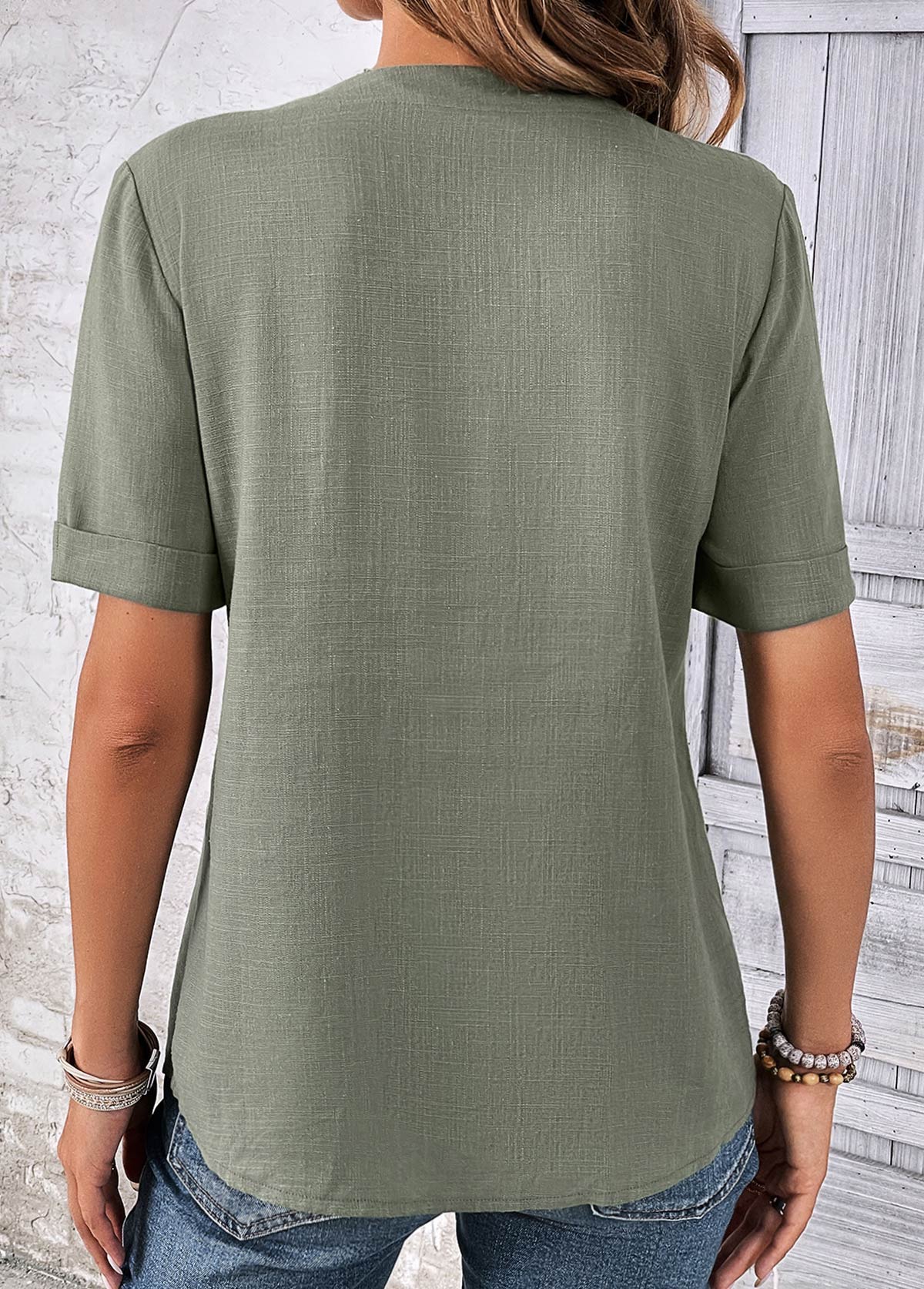 Sage Green tops,Plain Color tops,ROTITA Button Sage Green Split Neck Short Sleeve Blouse