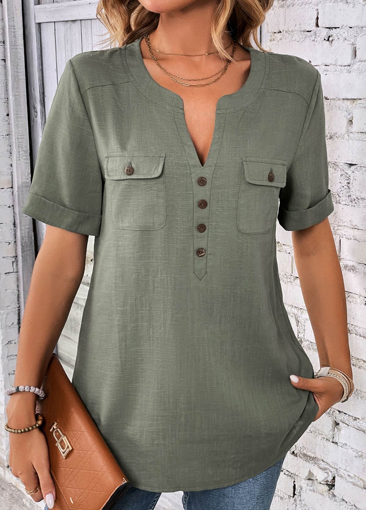 Sage Green tops,Plain Color tops,ROTITA Button Sage Green Split Neck Short Sleeve Blouse