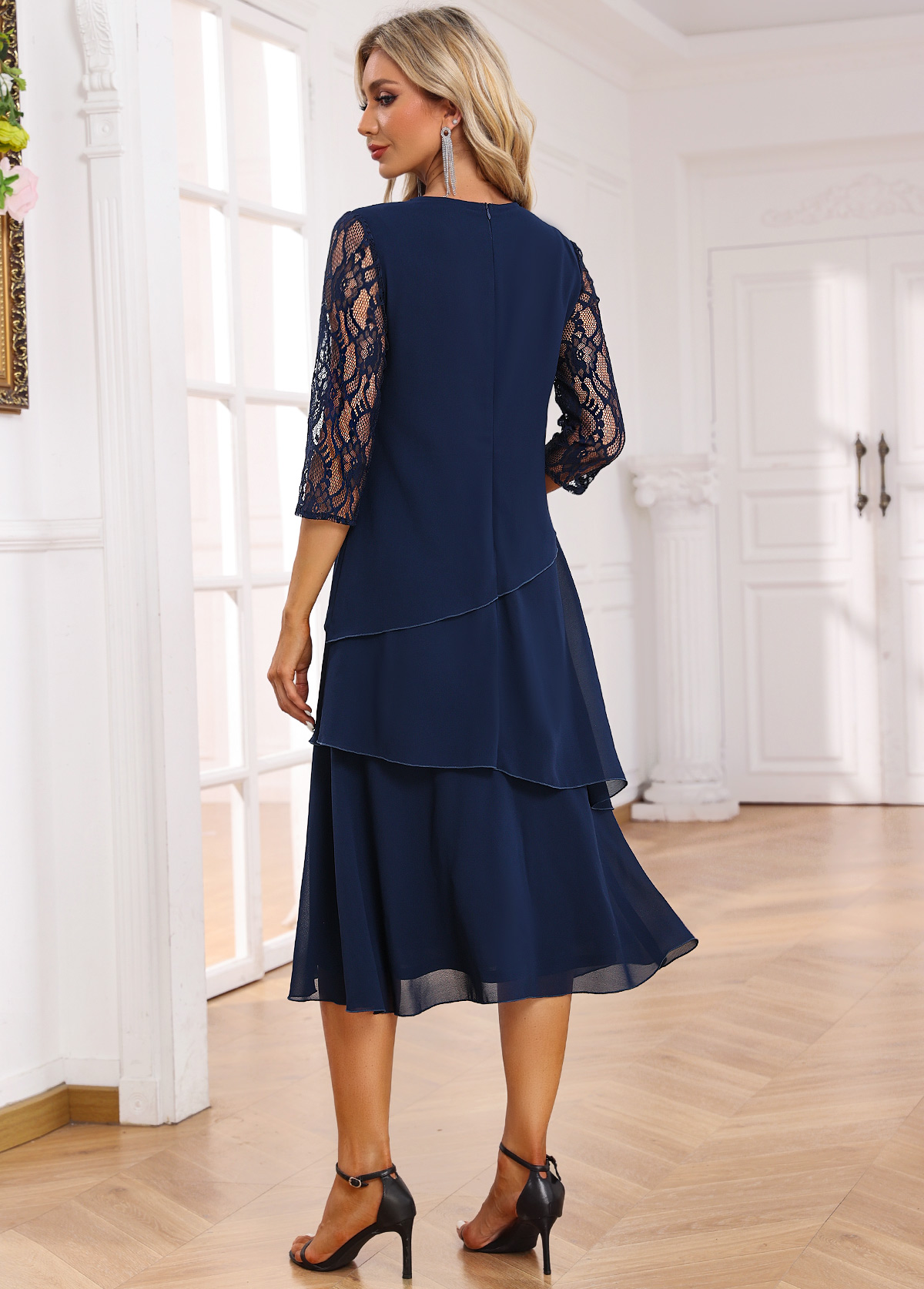 Navy dresses,Plain Color dresses,Party dresses,Elegant dresses,ROTITA Umbrella Hem Navy A Line Round Neck Dress