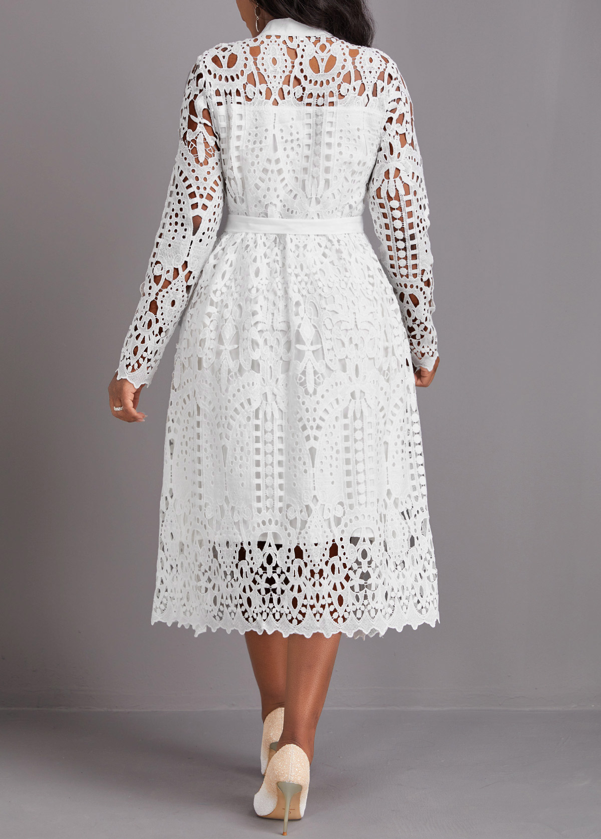 White dresses,Plain Color dresses,Party dresses,Elegant dresses,ROTITA Lace White Belted Stand Collar Long Sleeve Dress
