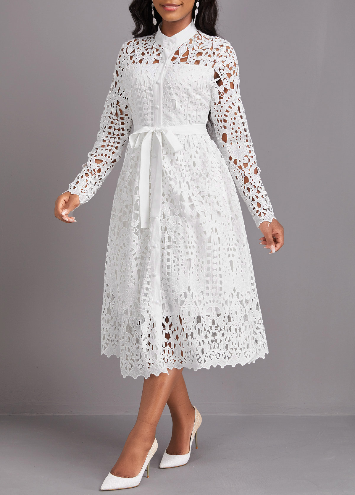 White dresses,Plain Color dresses,Party dresses,Elegant dresses,ROTITA Lace White Belted Stand Collar Long Sleeve Dress