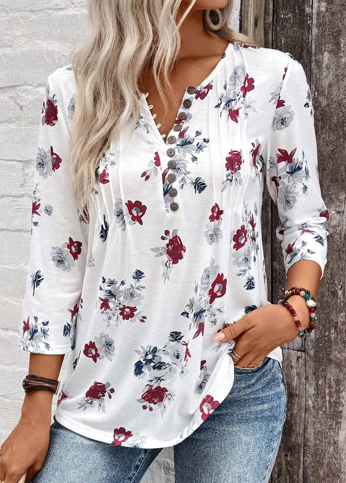White tops,Floral tops,Plants tops,ROTITA Tuck Stitch Floral Print White Split Neck Blouse