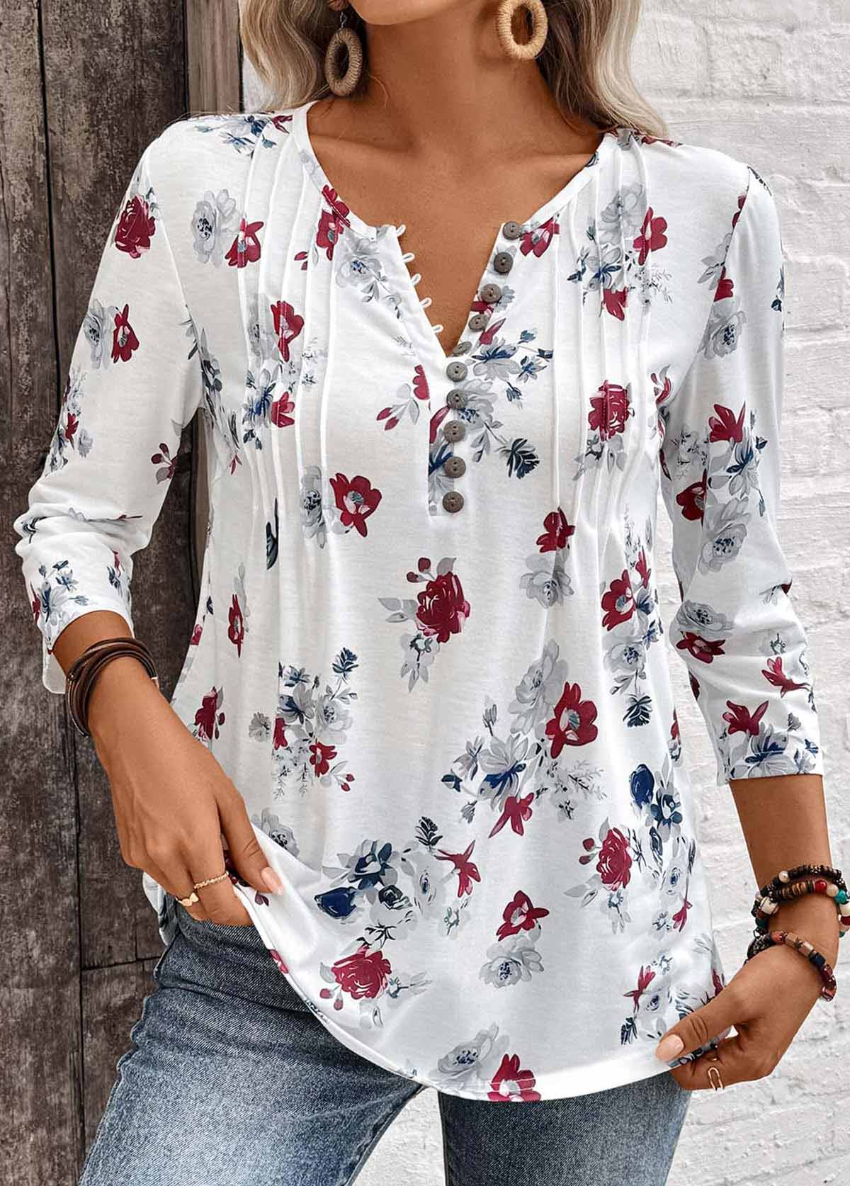 White tops,Floral tops,Plants tops,ROTITA Tuck Stitch Floral Print White Split Neck Blouse