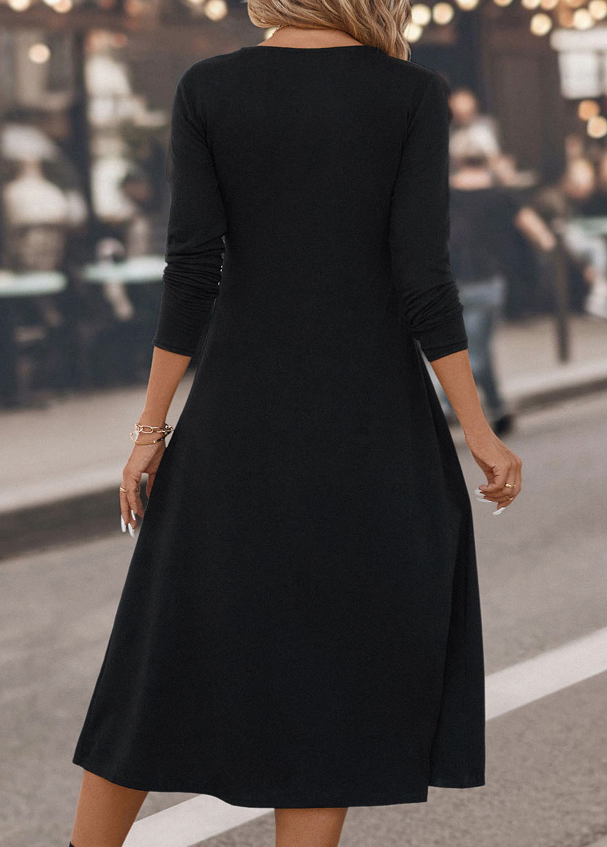 Black dresses,Plaid dresses,Geometric dresses,Striped dresses,Party dresses,Elegant dresses,Button Plaid Black Round Neck Dress