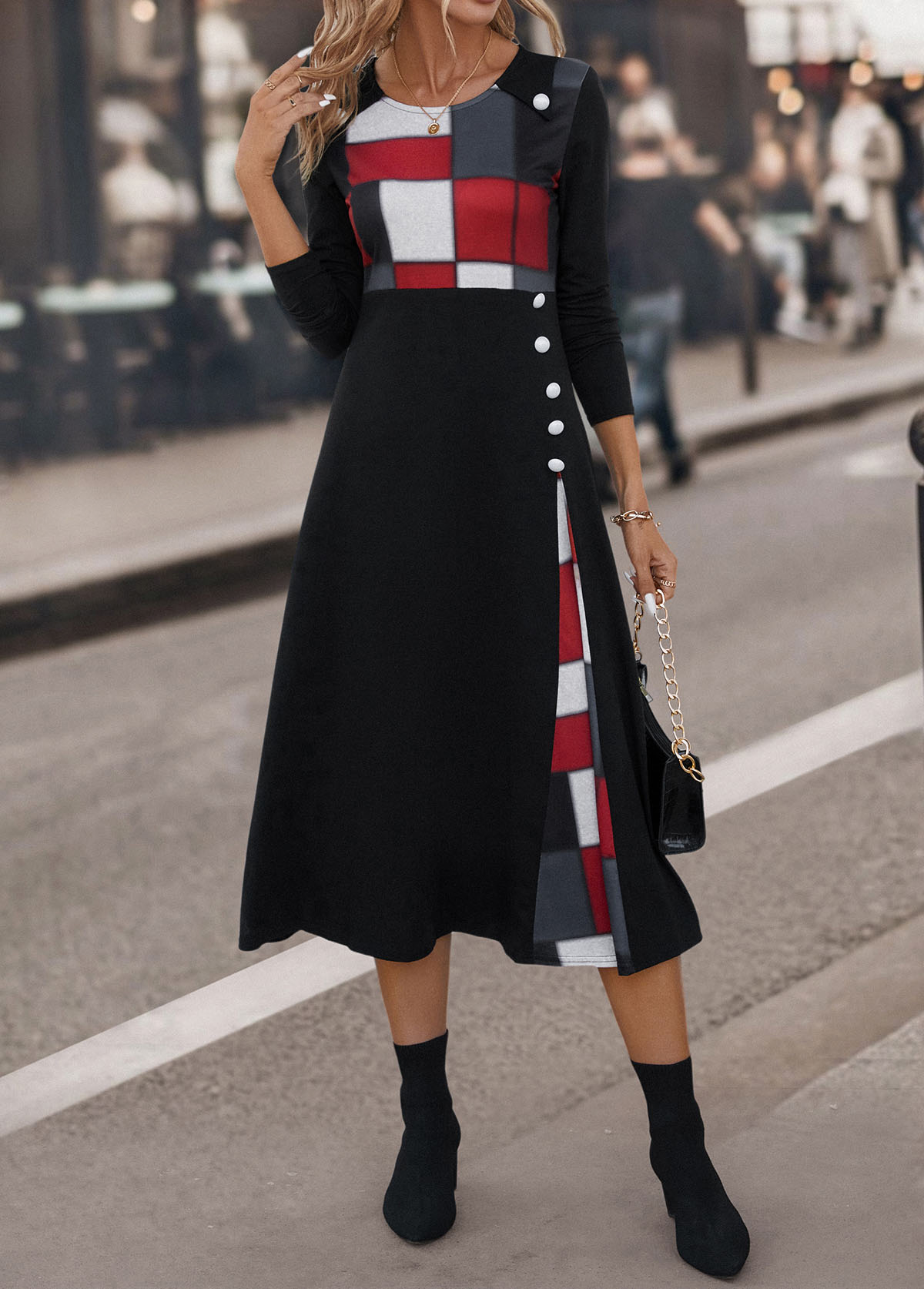 Black dresses,Plaid dresses,Geometric dresses,Striped dresses,Party dresses,Elegant dresses,Button Plaid Black Round Neck Dress