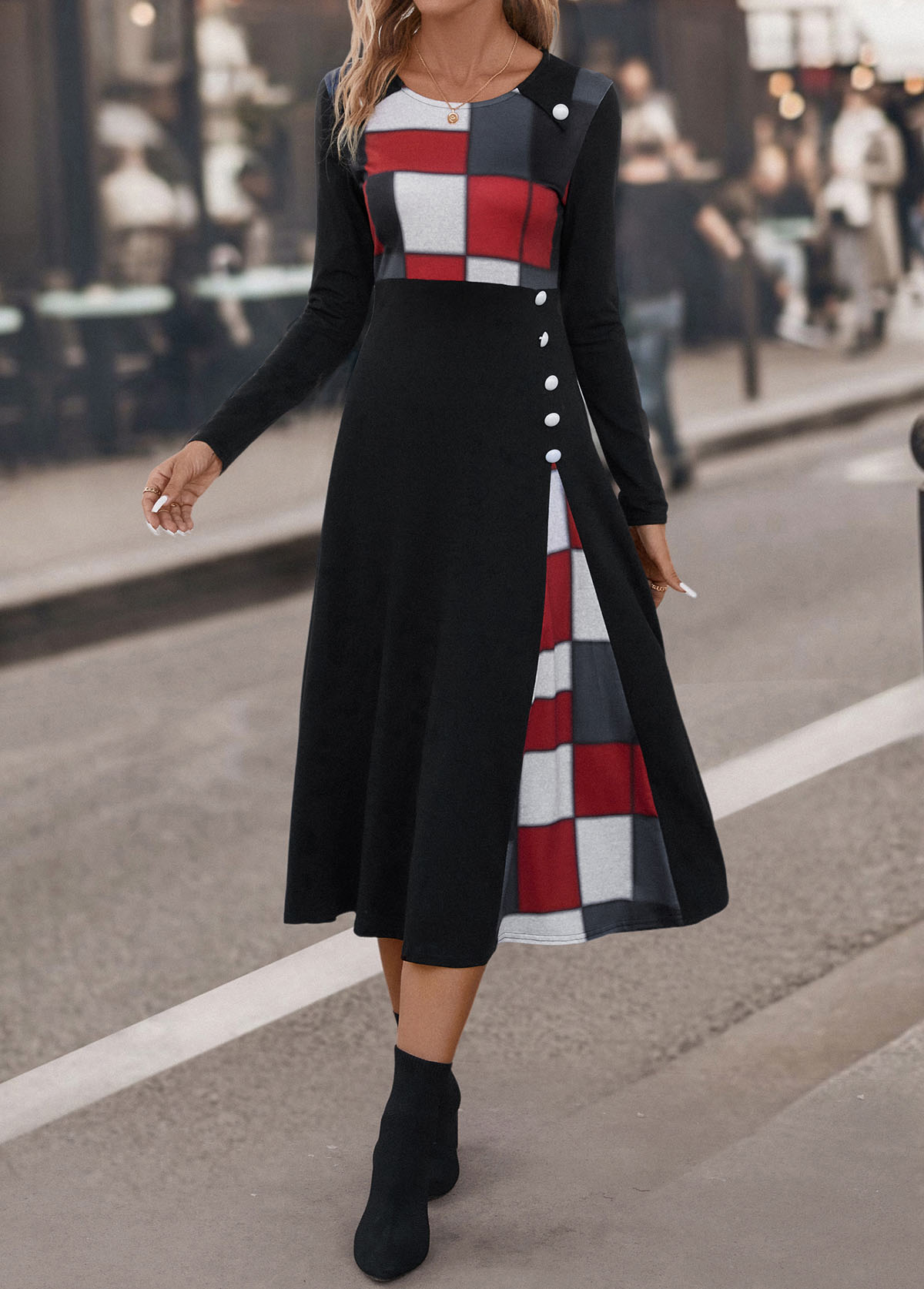 Black dresses,Plaid dresses,Geometric dresses,Striped dresses,Party dresses,Elegant dresses,Button Plaid Black Round Neck Dress