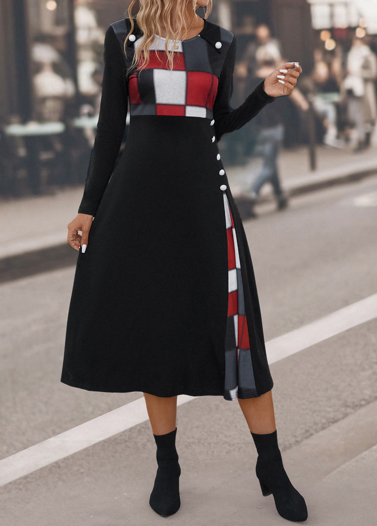 Black dresses,Plaid dresses,Geometric dresses,Striped dresses,Party dresses,Elegant dresses,Button Plaid Black Round Neck Dress