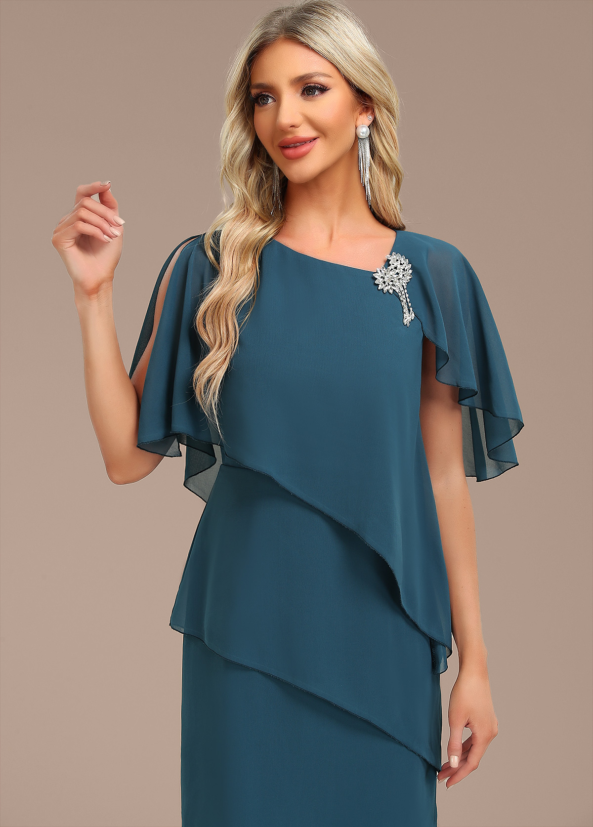 Peacock Blue dresses,Plain Color dresses,Party dresses,Elegant dresses,ROTITA Layered Peacock Blue Asymmetrical Neck Cape Sleeve Shift Dress
