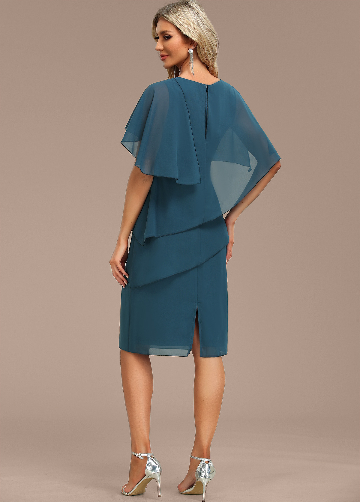 Peacock Blue dresses,Plain Color dresses,Party dresses,Elegant dresses,ROTITA Layered Peacock Blue Asymmetrical Neck Cape Sleeve Shift Dress