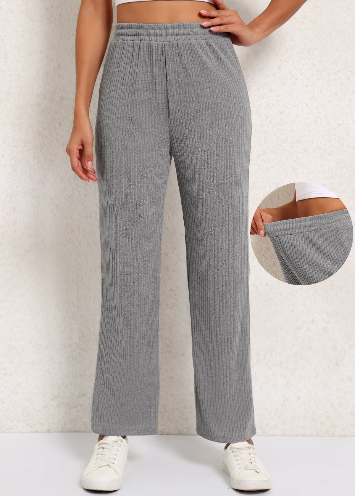 Grey bottoms,Plain Color bottoms,Grey Elastic Waist High Waisted Pants