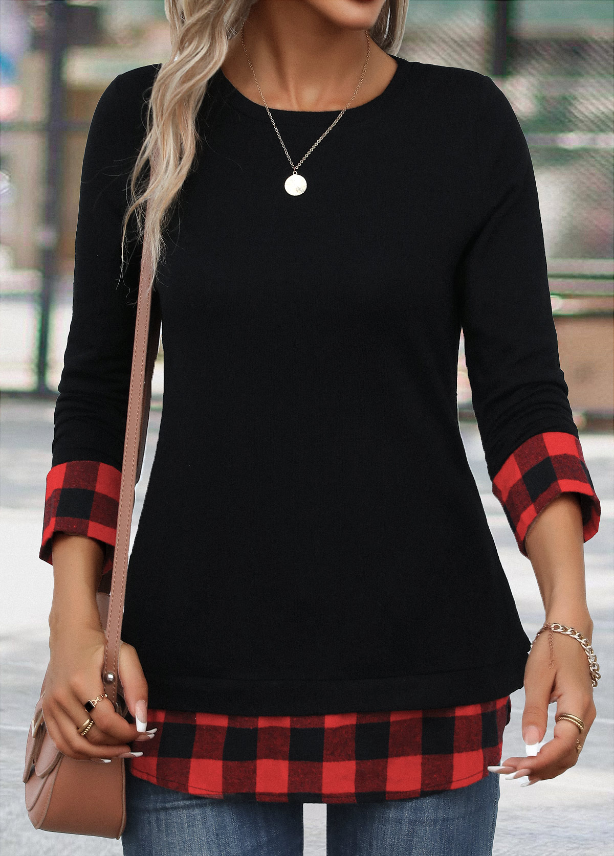 Red tops,Black tops,Plaid tops,Geometric tops,Striped tops,Christmas tops,ROTITA Patchwork Plaid Red Round Neck Long Sleeve T Shirt