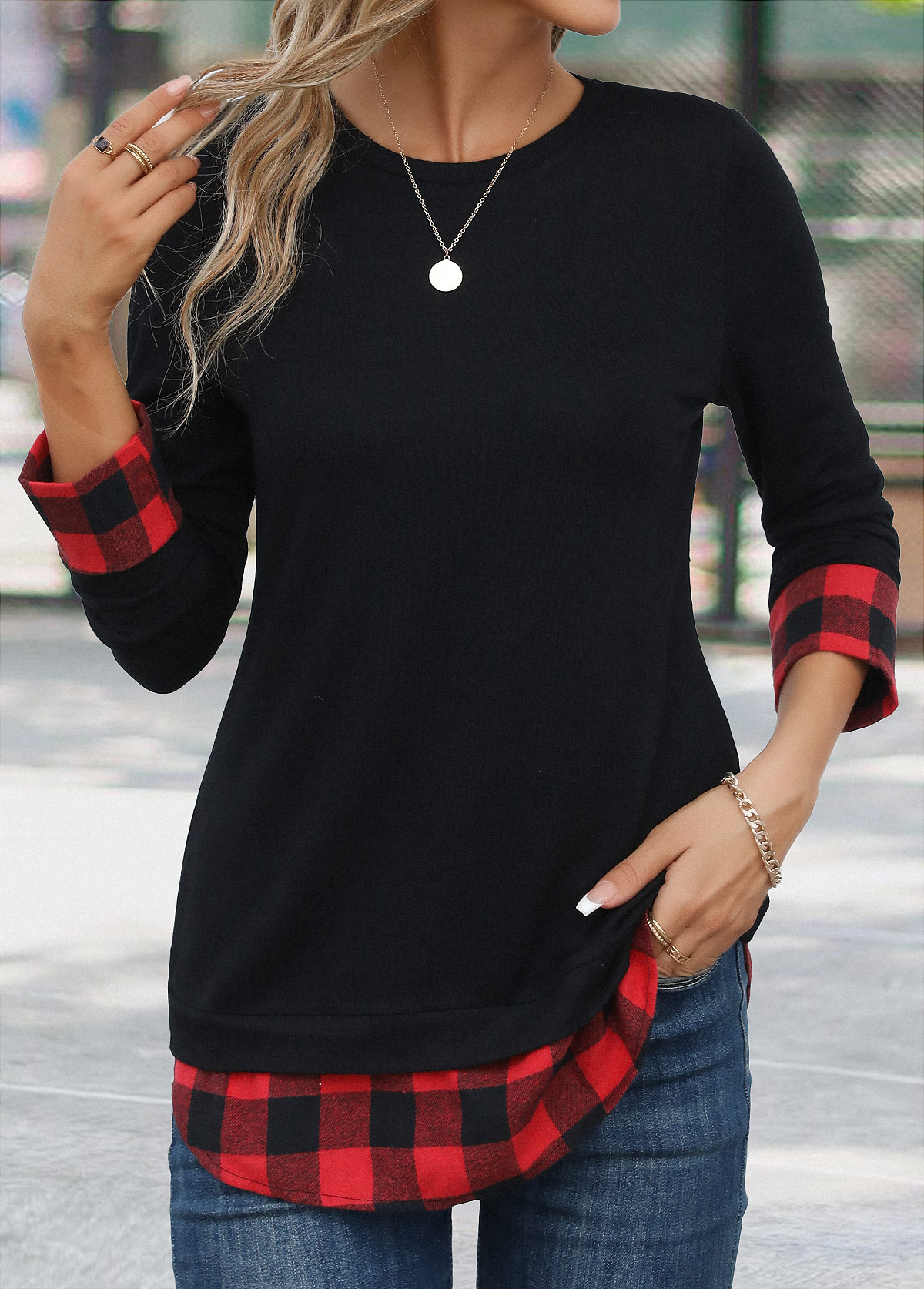Red tops,Black tops,Plaid tops,Geometric tops,Striped tops,Christmas tops,ROTITA Patchwork Plaid Red Round Neck Long Sleeve T Shirt