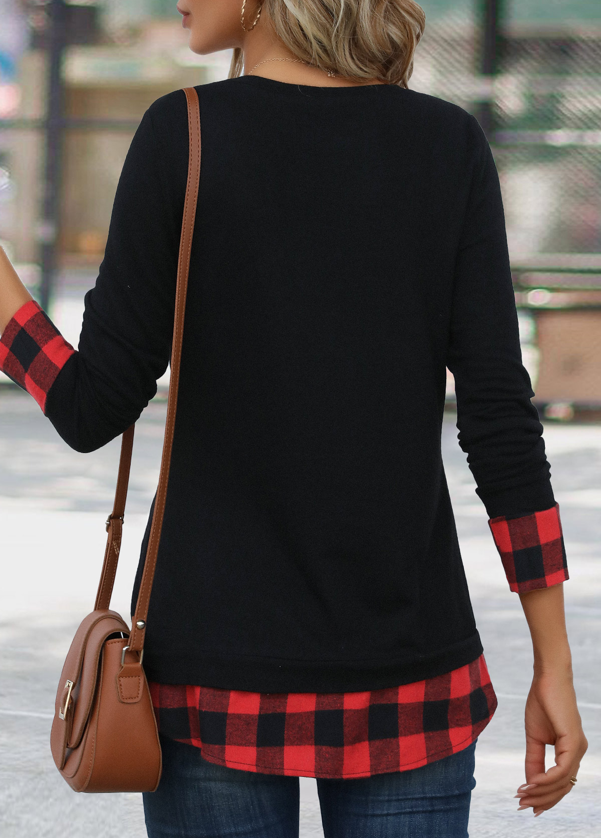 Red tops,Black tops,Plaid tops,Geometric tops,Striped tops,Christmas tops,ROTITA Patchwork Plaid Red Round Neck Long Sleeve T Shirt