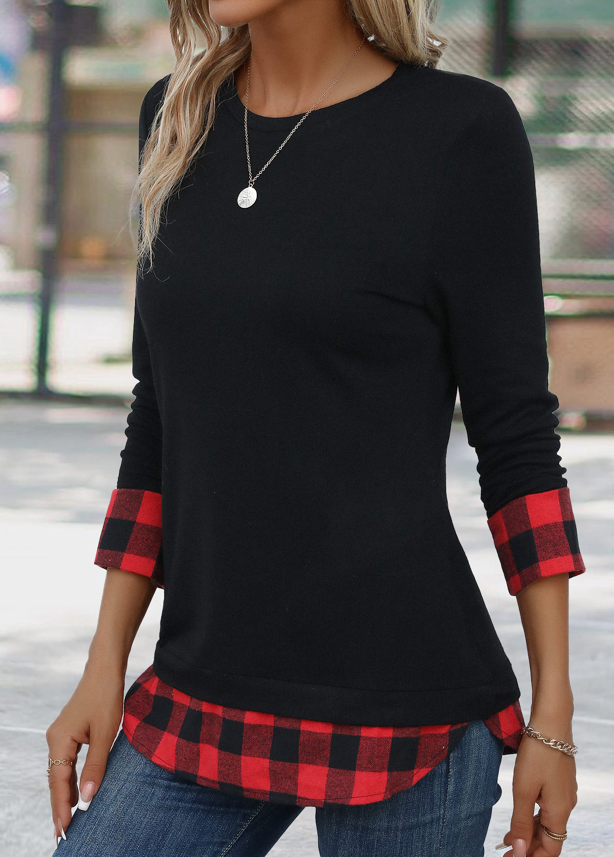 Red tops,Black tops,Plaid tops,Geometric tops,Striped tops,Christmas tops,ROTITA Patchwork Plaid Red Round Neck Long Sleeve T Shirt