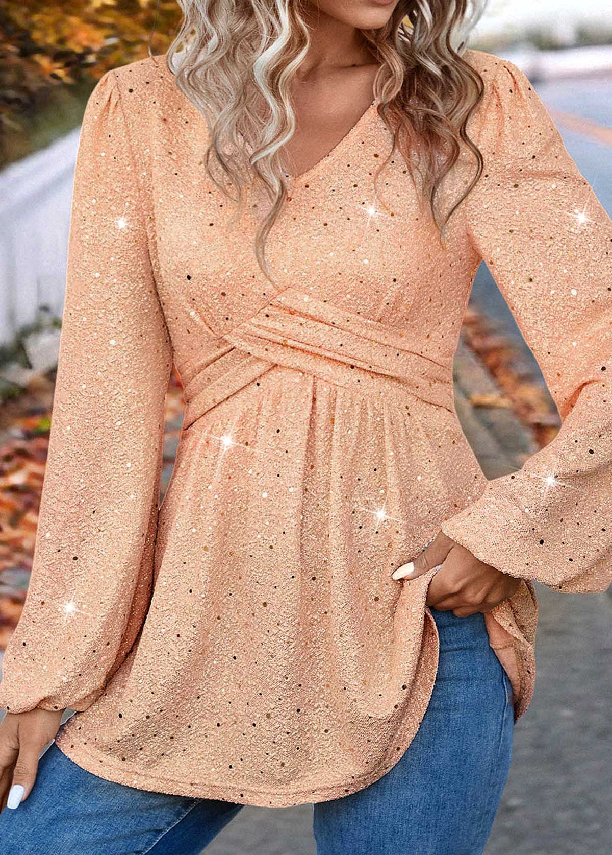 Rotita Hot Stamping hellrosa Langarmbluse mit V-Ausschnitt