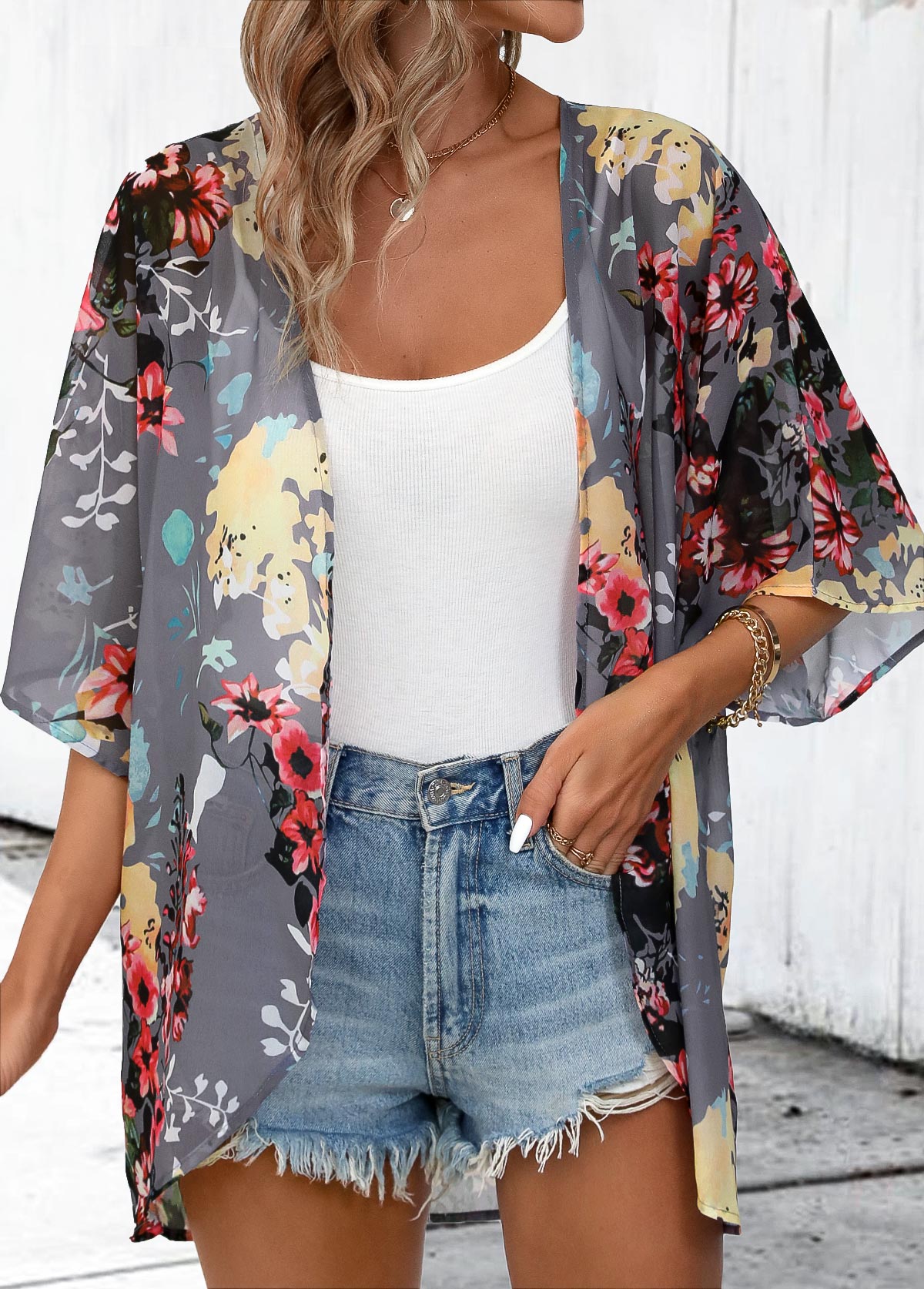 Dark Grey tops,Floral tops,Plants tops,Floral Print Dark Grey 3/4 Sleeve Light Cardigan