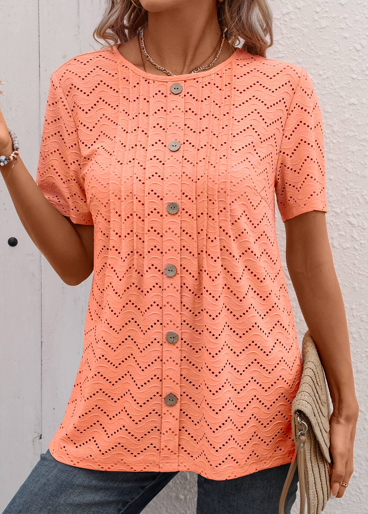 Orange plus size,Plain Color plus size,Plus Size Tuck Stitch Orange Round Neck T Shirt