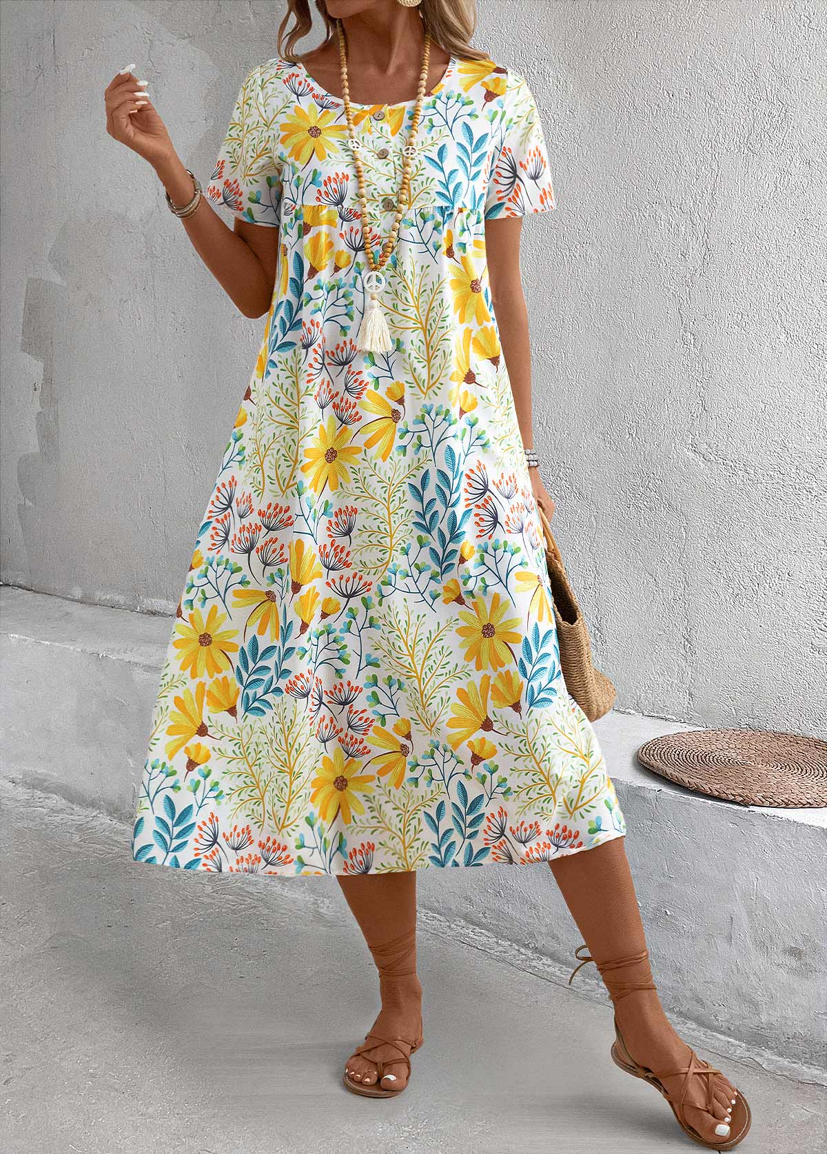Yellow dresses,Floral dresses,Plants dresses,Vacation dresses,Vacation dresses,Pocket Floral Print Yellow A Line Round Neck Dress