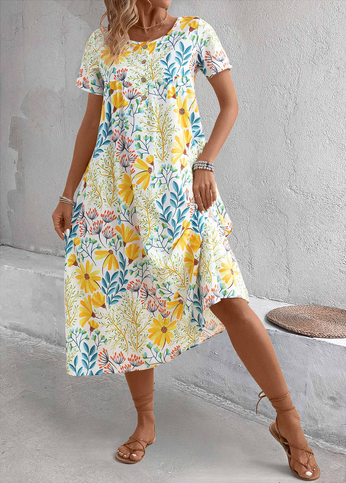 Yellow dresses,Floral dresses,Plants dresses,Vacation dresses,Vacation dresses,Pocket Floral Print Yellow A Line Round Neck Dress