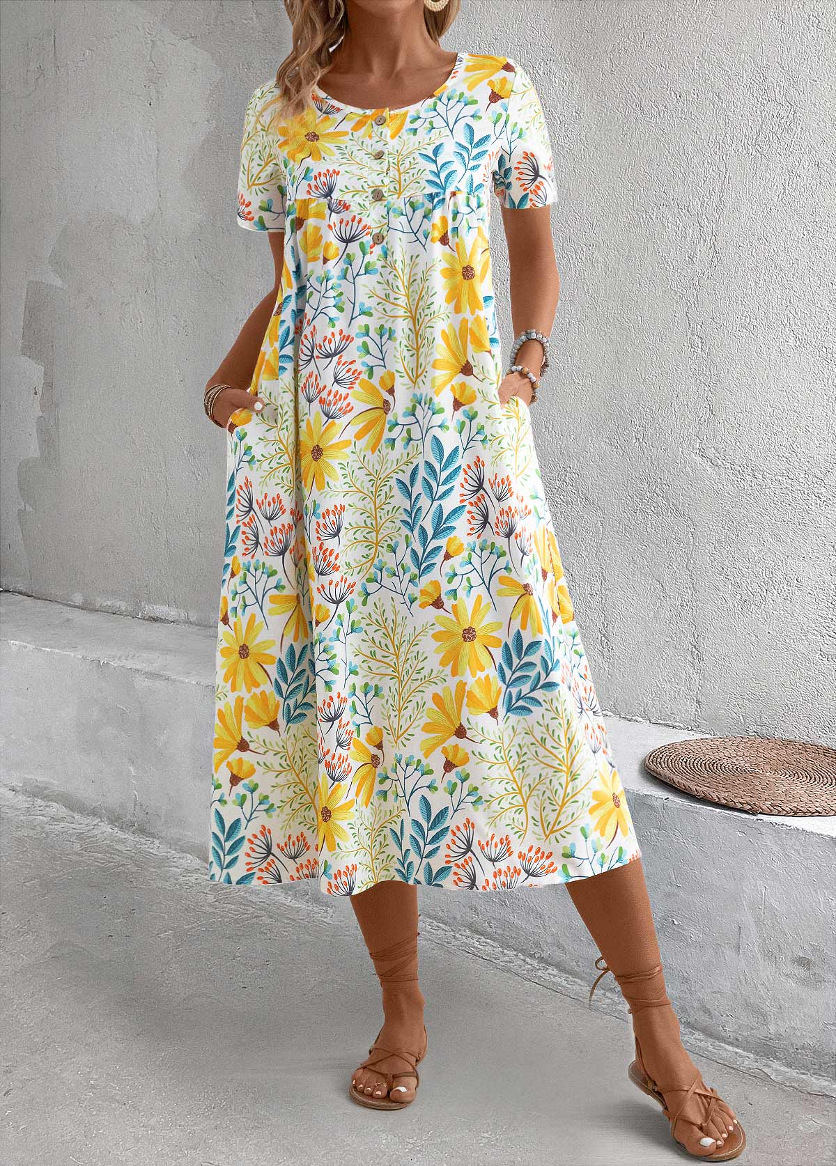 Yellow dresses,Floral dresses,Plants dresses,Vacation dresses,Vacation dresses,Pocket Floral Print Yellow A Line Round Neck Dress