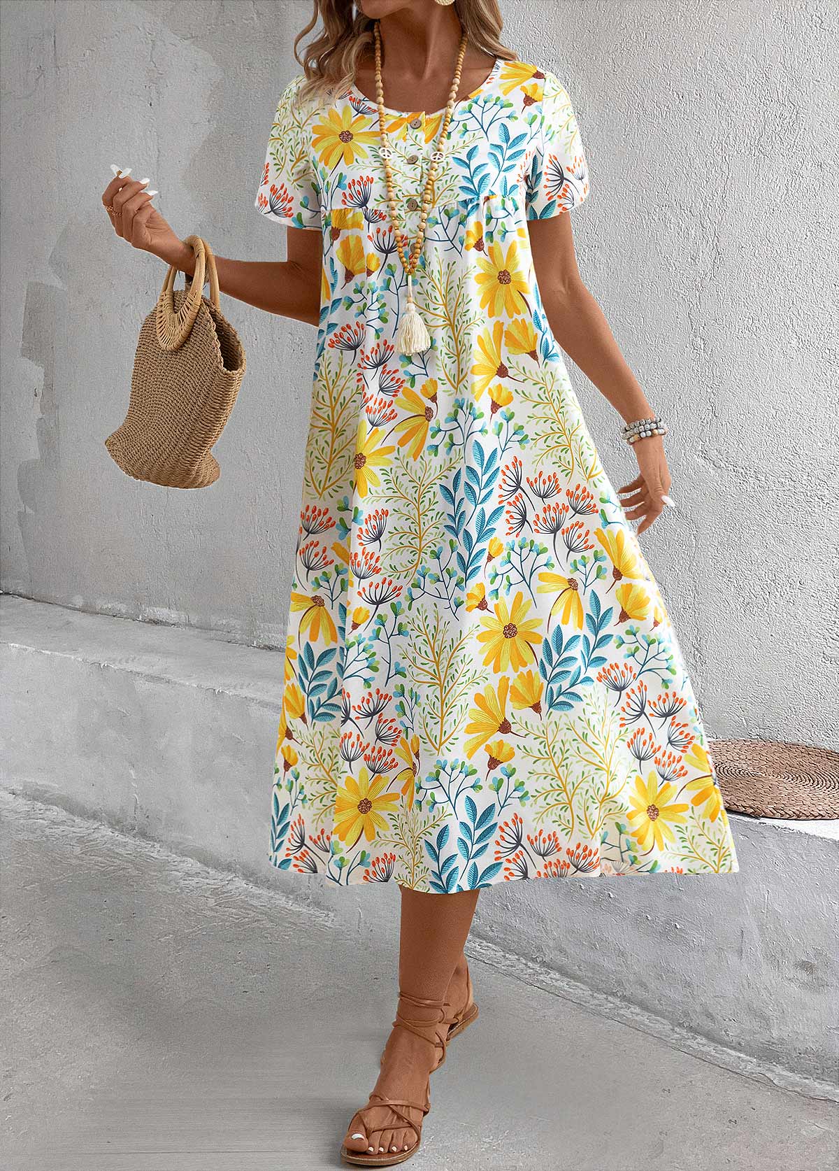 Yellow dresses,Floral dresses,Plants dresses,Vacation dresses,Vacation dresses,Pocket Floral Print Yellow A Line Round Neck Dress