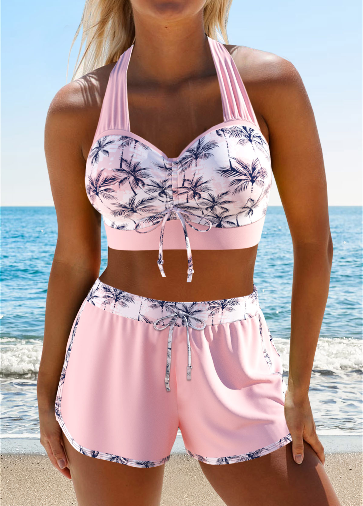 Light Pink swimwear,Plants swimwear,ROTITA Drawstring Light Pink Tropical Plants Print Bikini Set