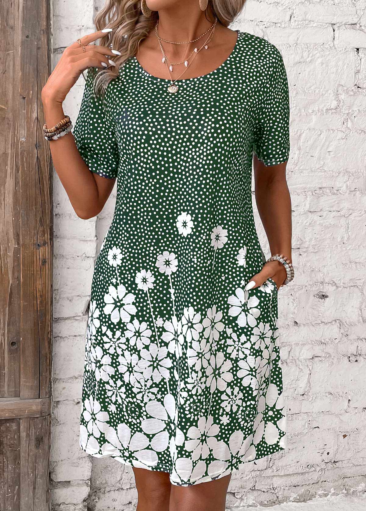 Green dresses,Floral dresses,Plants dresses,Dot dresses,Everyday dresses,Casual dresses,Pocket Floral Print Green Short Round Neck Dress