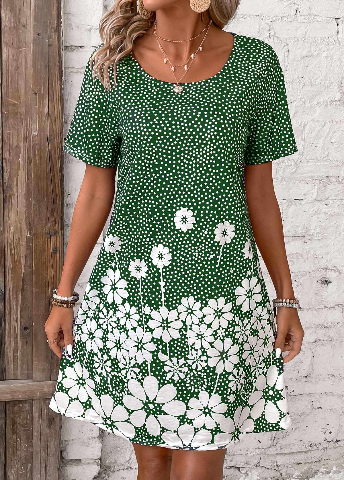 Green dresses,Floral dresses,Plants dresses,Dot dresses,Everyday dresses,Casual dresses,Pocket Floral Print Green Short Round Neck Dress