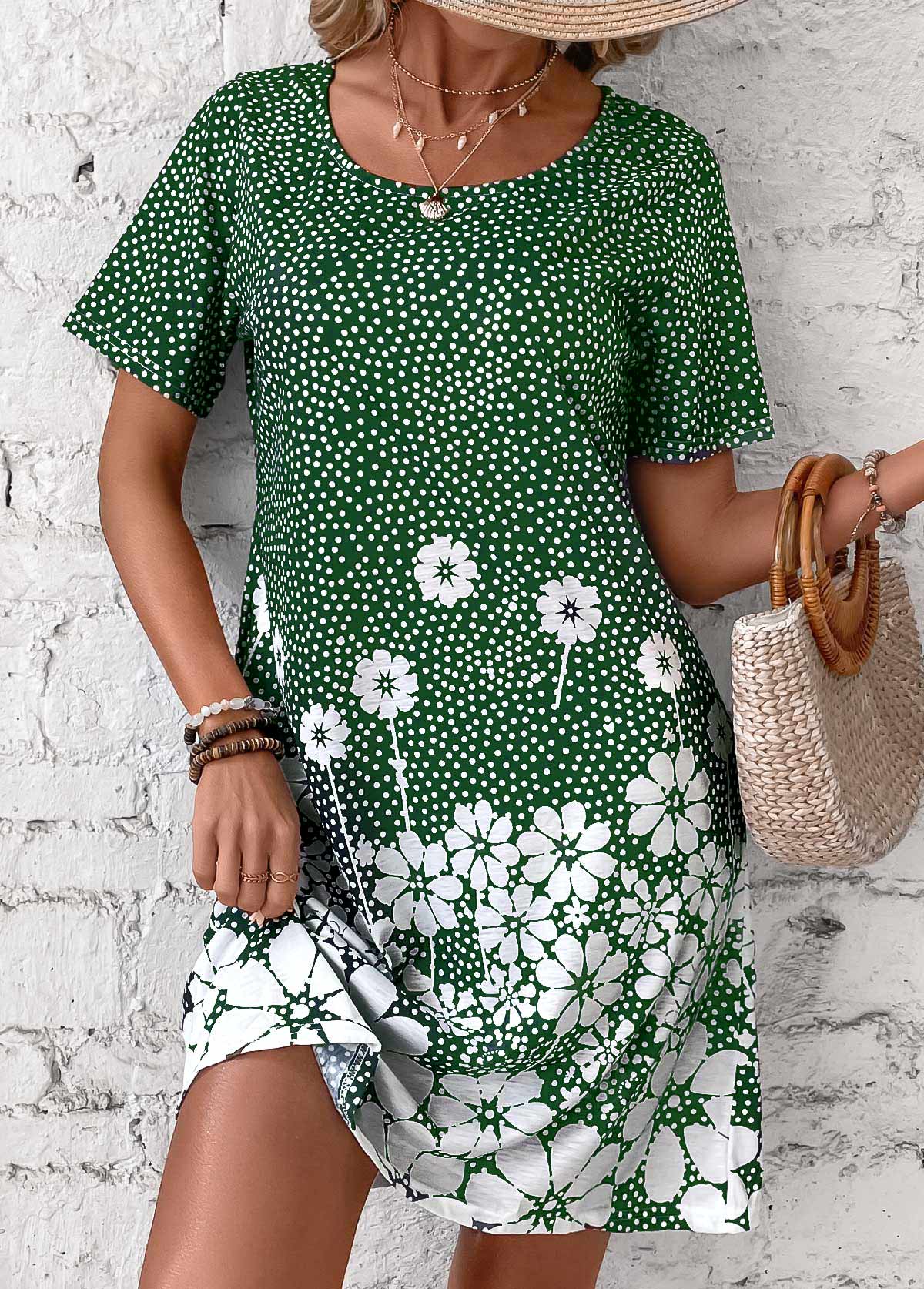Green dresses,Floral dresses,Plants dresses,Dot dresses,Everyday dresses,Casual dresses,Pocket Floral Print Green Short Round Neck Dress