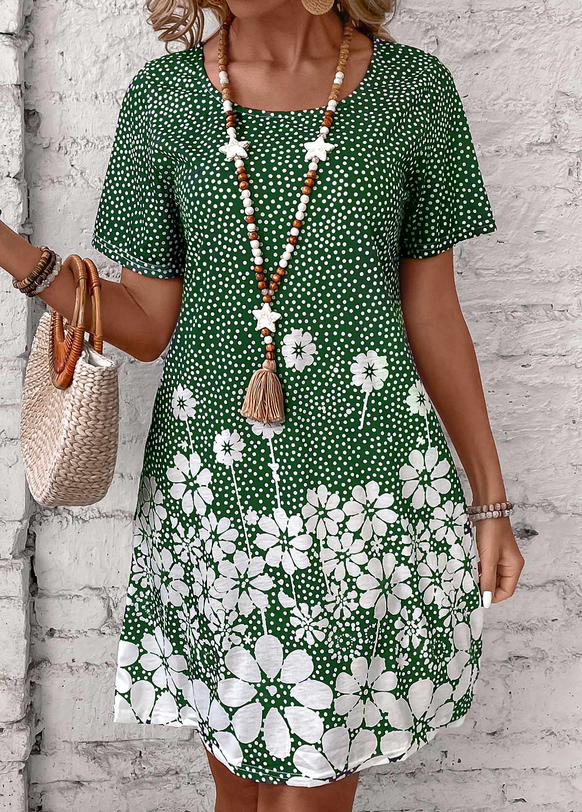 Green dresses,Floral dresses,Plants dresses,Dot dresses,Everyday dresses,Casual dresses,Pocket Floral Print Green Short Round Neck Dress