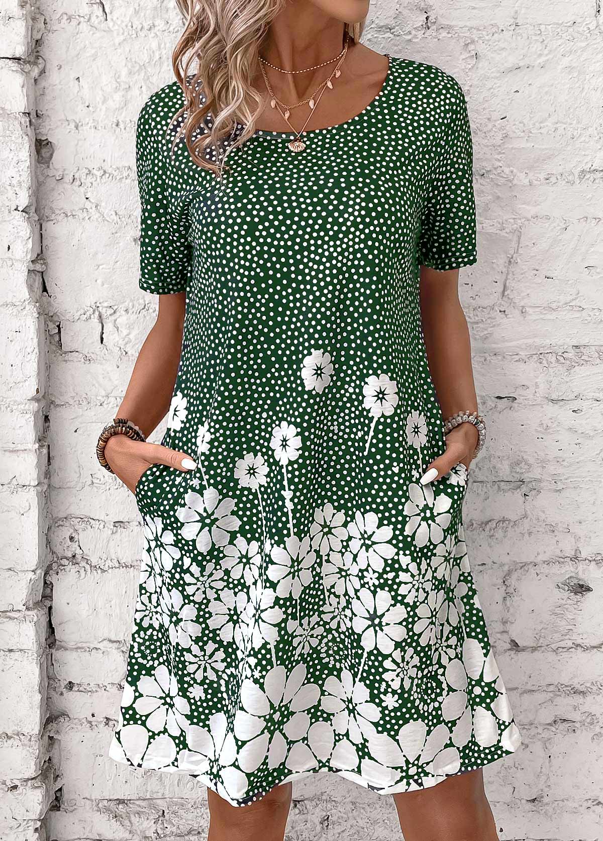 Green dresses,Floral dresses,Plants dresses,Dot dresses,Everyday dresses,Casual dresses,Pocket Floral Print Green Short Round Neck Dress
