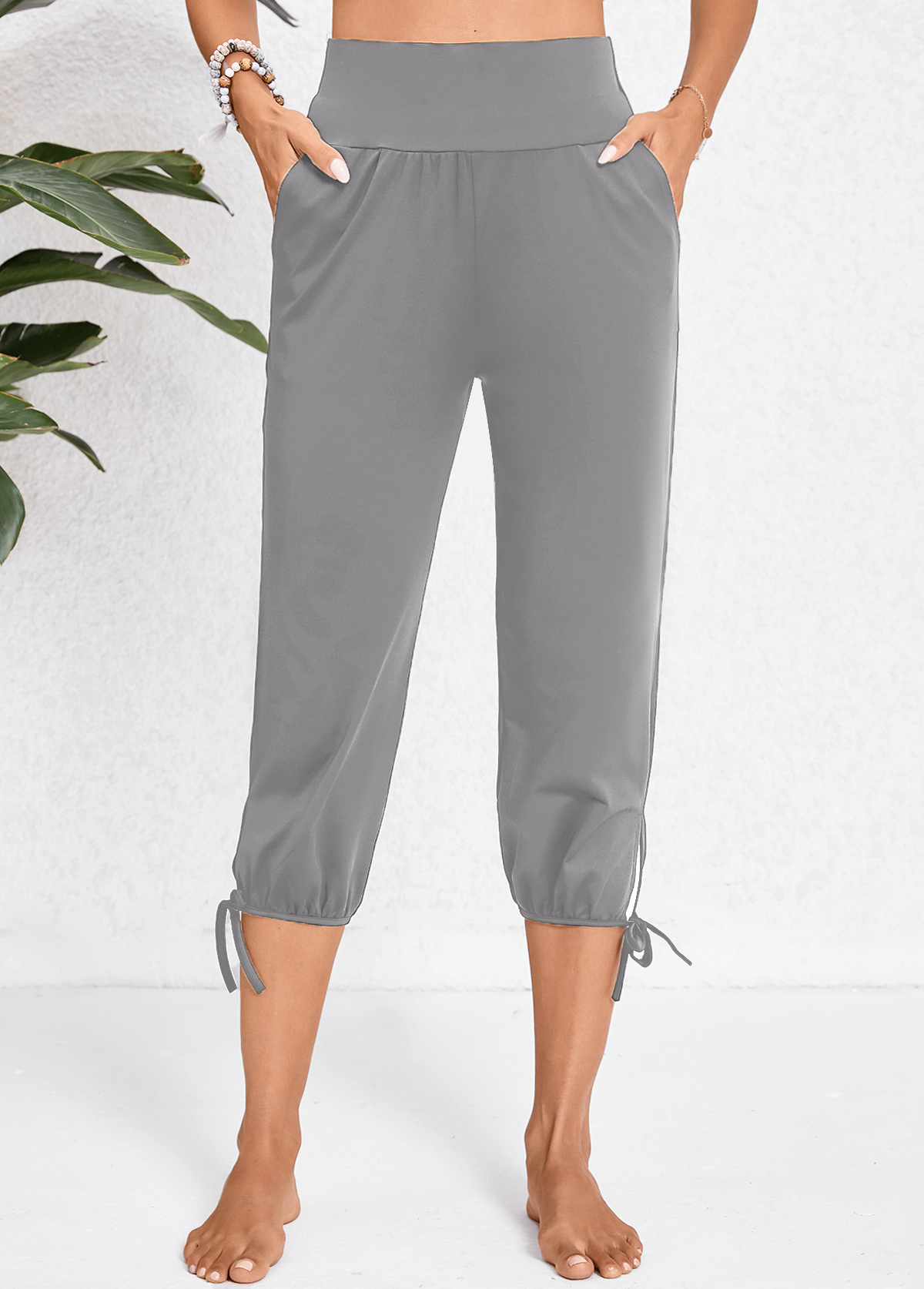 Dark Grey bottoms,Plain Color bottoms,Pocket Jogger Elastic Waist High Waisted Dark Grey Pants