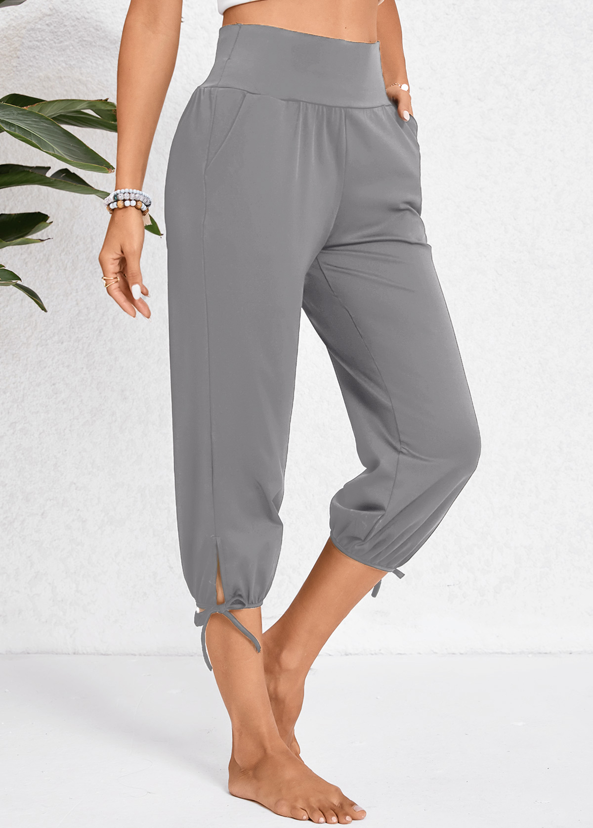 Dark Grey bottoms,Plain Color bottoms,Pocket Jogger Elastic Waist High Waisted Dark Grey Pants