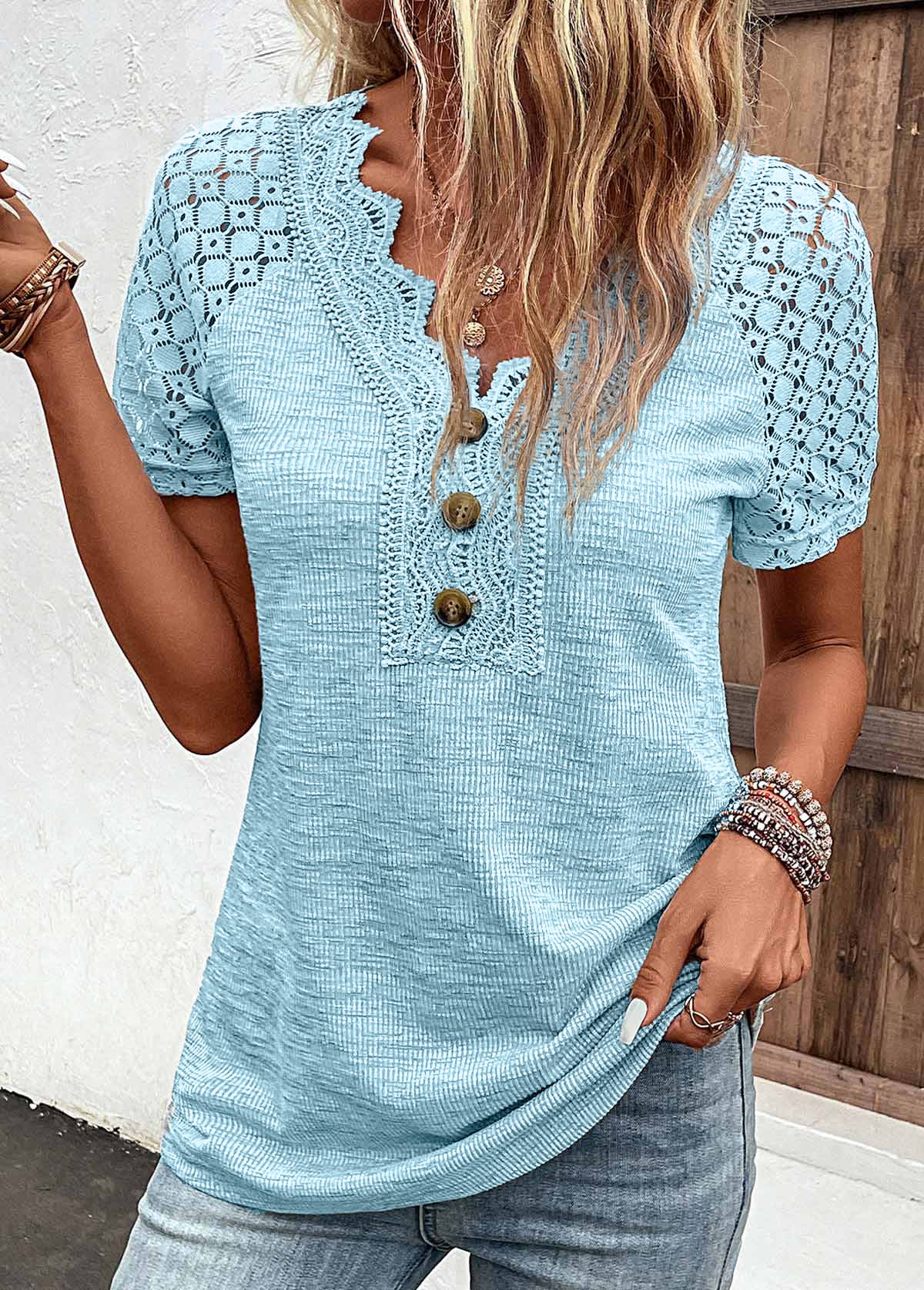 Light Blue tops,Plain Color tops,ROTITA Lace Light Blue V Neck Short Sleeve T Shirt