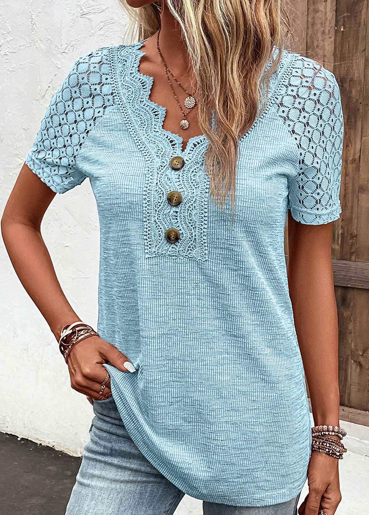 Light Blue tops,Plain Color tops,ROTITA Lace Light Blue V Neck Short Sleeve T Shirt