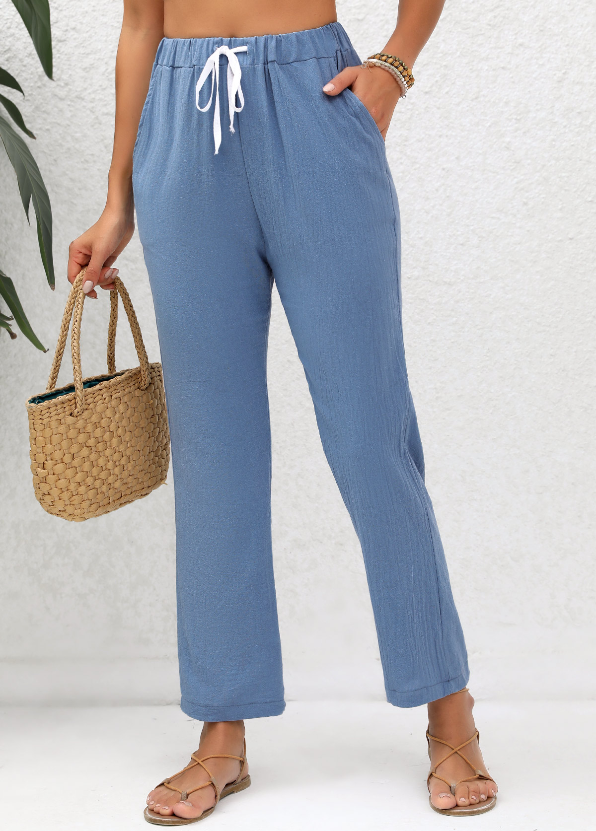 Denim Blue bottoms,Plain Color bottoms,Double Side Pockets Denim Blue Elastic Waist Pants