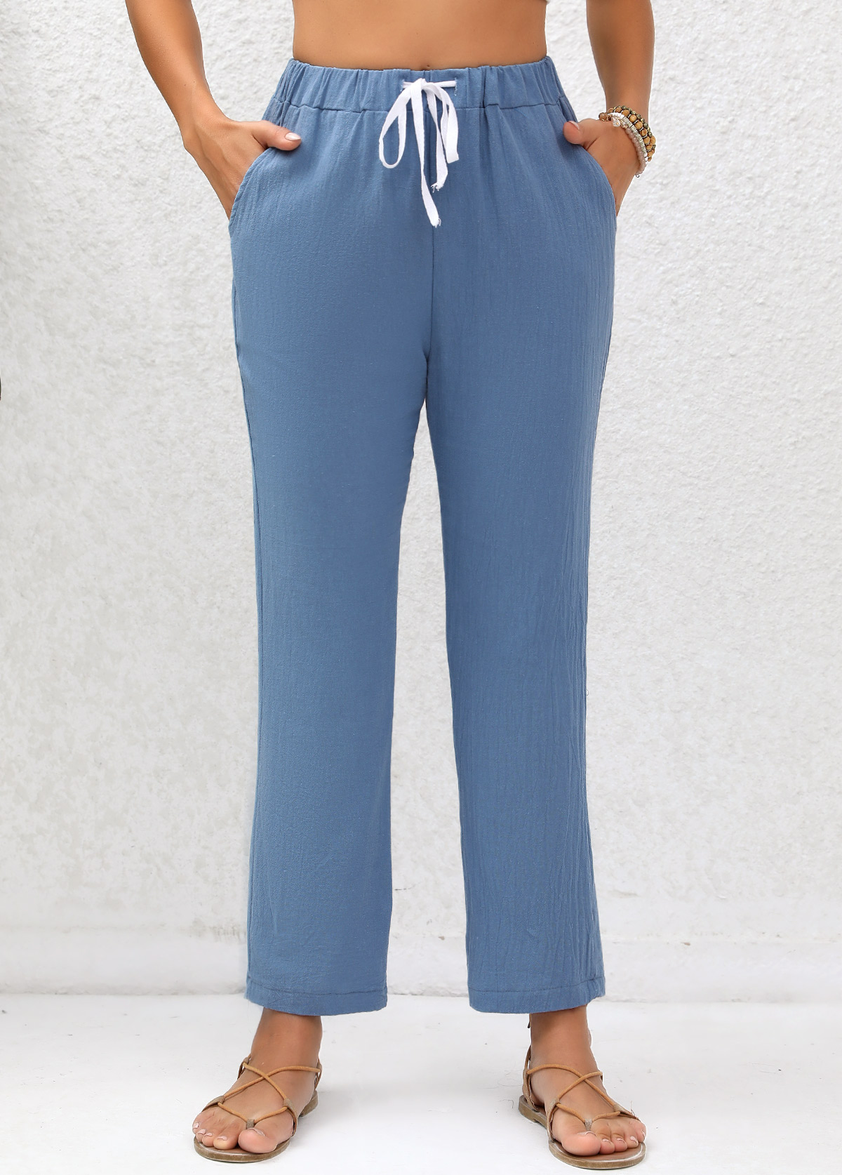 Denim Blue bottoms,Plain Color bottoms,Double Side Pockets Denim Blue Elastic Waist Pants